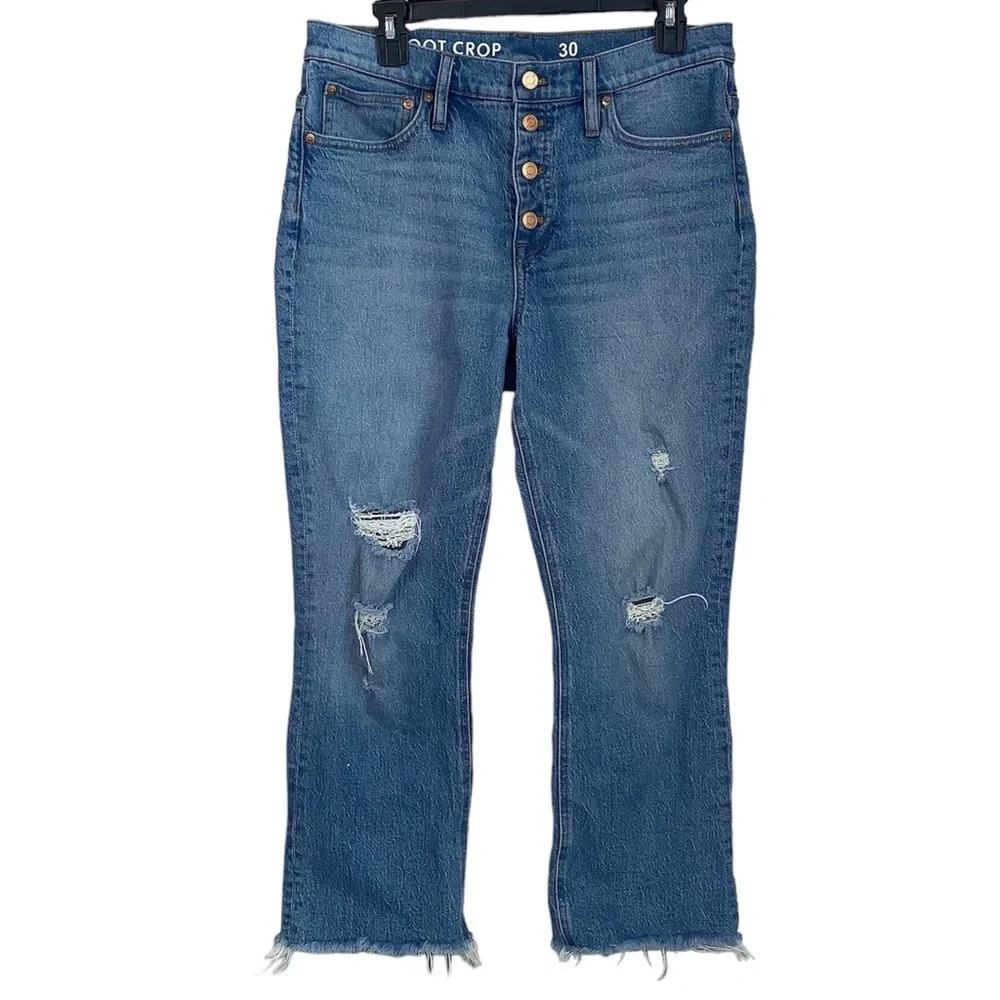J. Crew Billie Demi Boot Crop Jeans‎ Womens 30 Distressed Medium Blue button fly